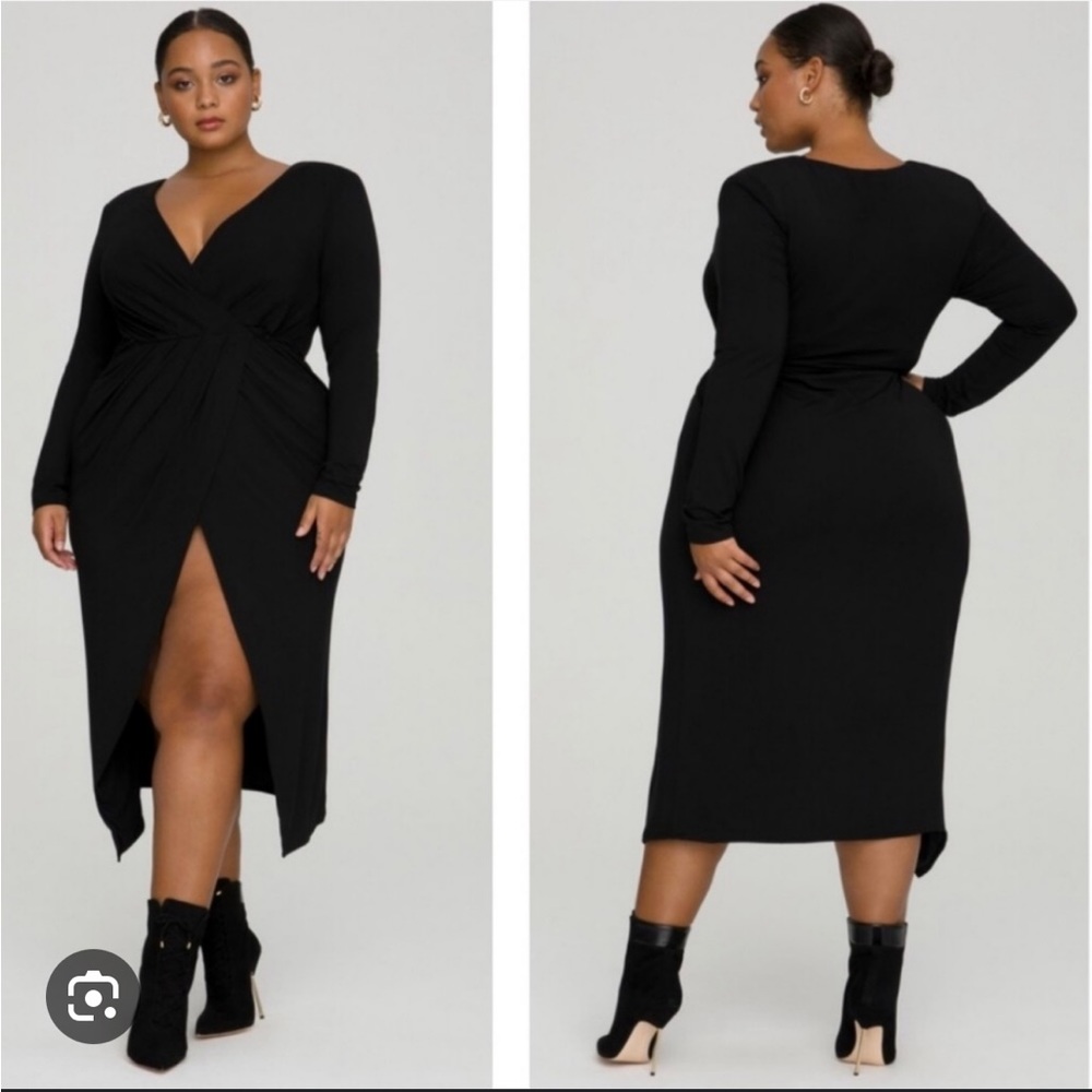 Good American Strong Shoulder Black Long Sleeve Wrap Dress NWT